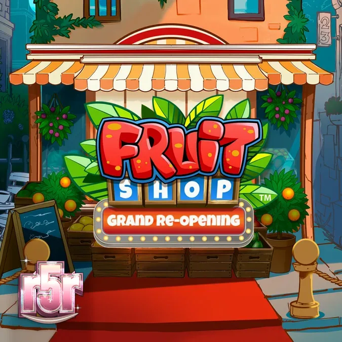 Interface vibrante do slot Fruit Shop Grand Re-Opening com símbolos de frutas